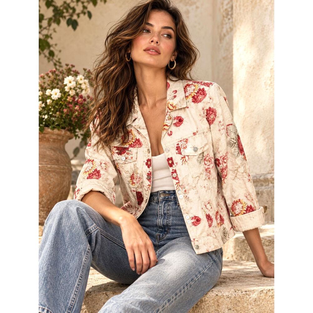 Vintage 90s Norm Thompson Floral Tapestry Jacket 100% Cotton Made USA Size M